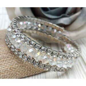Cute Rhinestone Crystal Wire Wrap Bangle Bracelet Silver Tone Sparkly